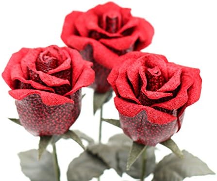 3 red leather rose bouquet 3rd wedding anniversary gift long stem flower forever rose handmade by LeatherBlossoms