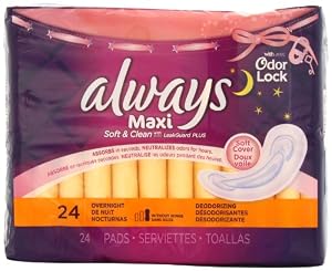 Always Maxi Soft & Clean With Leakguard Plus, With Odor Lock Non-Wing Overnight Pads 24 Count