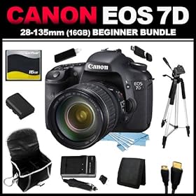 Canon EOS 7D 18 MP CMOS Digital SLR Camera 3-inch LCD with 28-135mm Lens (16GB Beginner Bundle Kit) includes Battery, Charger, Case, Memory Card, Memory Card Wallet, HDMI Cable, Full Size Tripod, USB Card Reader, Cleaning Kit - 3814B010
