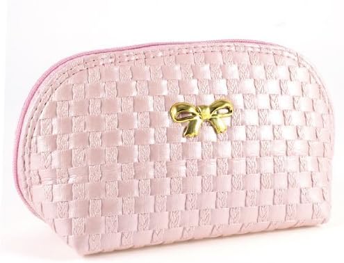 FOREVER YUNG Pink Weave Check Pattern Bowknot Decor Front Cosmetic Zipper Bag