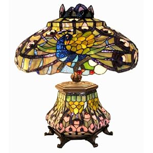 Tiffany-style Peacock Lantern Table Lamp, Orange/Red