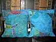 2 Blue Gujrati Embroidered Sari Toss Pillow Cushion Covers