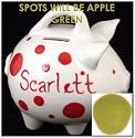 Piggy Bank, personalized polka dot piggy bank is perfect first baby gift or child's birthday gift, apple green polka dots, comes with an inspirational poem, (click to see actual design)