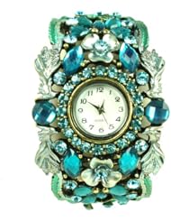 Kate Marie Gorgeous Rhinestone Women Bracelet Watch in Goldtone Plate Stunning Blue Phoenix Crystal Beads Design