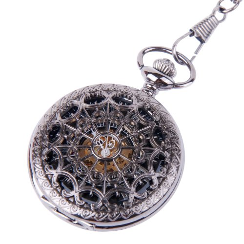 ARMEL Skeleton Pocket Watch Chain Mechanical Hand Wind Half Hunter Antique Look Value Quality PW001