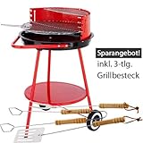 Grill Rundgrill Holzkohlegrill 3-Bein-Rundgrill fahrbar rot 50 cm Set inkl. Grillbesteck