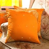 Set of 2 Sari Fabric Mustard Decorative Pillow Covers (India)