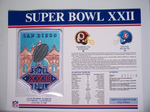 1987 Washington Redskins vs Denver Broncos NFL Super Bowl 22 (XXII) 1988 Doug Williams MVP Willabee Ward Patch and Stat Panel Card