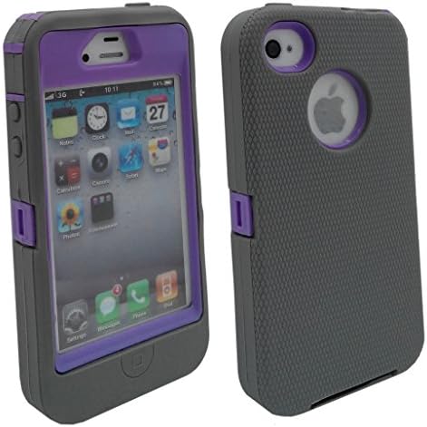 Iphone 4S case, Lucky On Durable Protective Dual Layer Hybrid Armor Defender Heavy Duty Shell Shockproof Case built-in Transparent Screen Protector for iPhone 4 4S (Grey &amp; Purple)