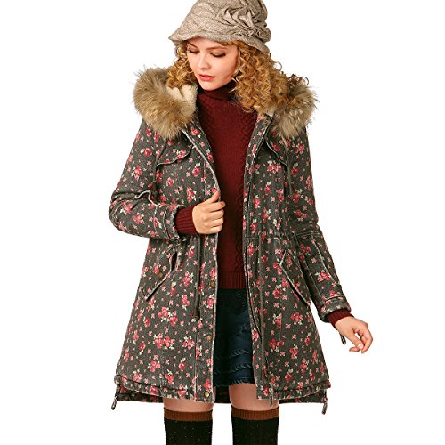 (アートカー)Artka オリジナルデザイン レディーズラクーンファー付き花柄キルトコート MA10840D