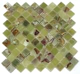 Diamond Shaped Green Onyx 1' X 1' Polished Mosaics Meshed on 12' X 12' Tiles for Bathroom Flooring, Kitchen Backsplash, Shower Walls. Matching Decorative Chair rail and Pencil Mouldings Trims are also available.