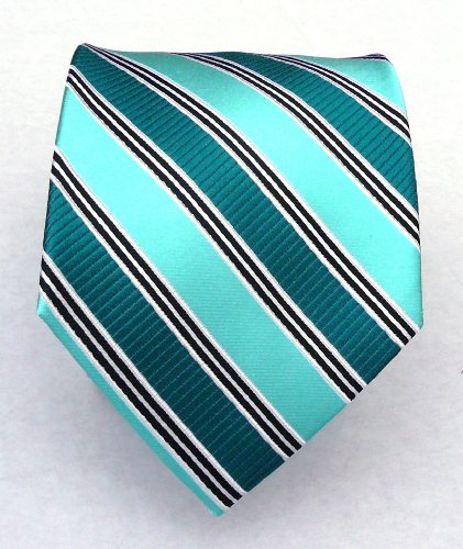 100% Silk Woven Green Teal and Aqua Striped Tie