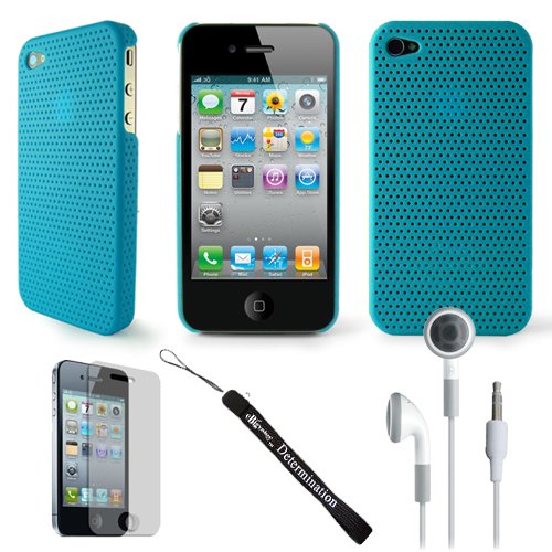 Photo Aero Air Mesh Design Custom Style Durable Hard Protective Case for Apple iPhone 4 / 4th Generation compatible with 16GB / 32GB + 4-inch eBigValue (TM) Determination Hand Strap Key Chain+ Includes a Crystal Clear High Quality HD Noise Filter Earbuds Earphones Headphones 3.5mm Jack + Includes a full body front and back anti glare screen protector