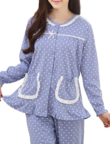 (ピンクピンク)PPIINNKK レディース パジャマ 前開き 長袖 綿 かわいい ドット 小紋 ポッケ 春 秋 冬 上下セット 部屋着 ルームウェア ブルー