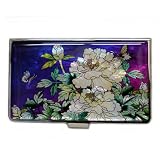 Mother of Pearl Peony Painting Design Purple Business Credit Id Card Holder Case Metal Stainless Steel Engraved Slim Money Wallet