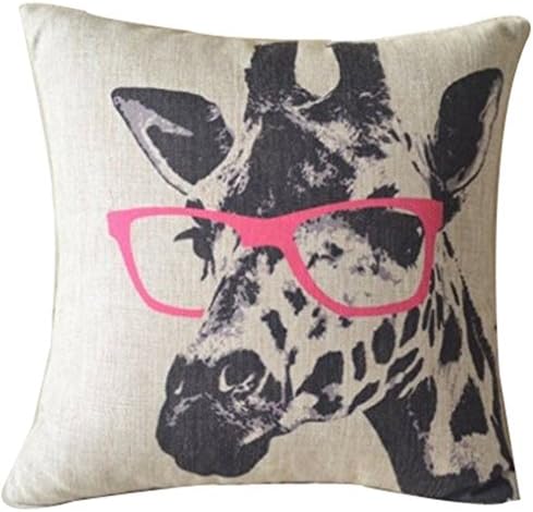 BINNY 18*18In Square Beige Cotton Line Waist Cushion Cover Home Sofa Decor Pillow Case Giraffe Wear Red Glasses