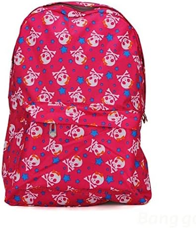 Feelmaker Skull Print Canvas Backpack Schoolbag (Rose Red)