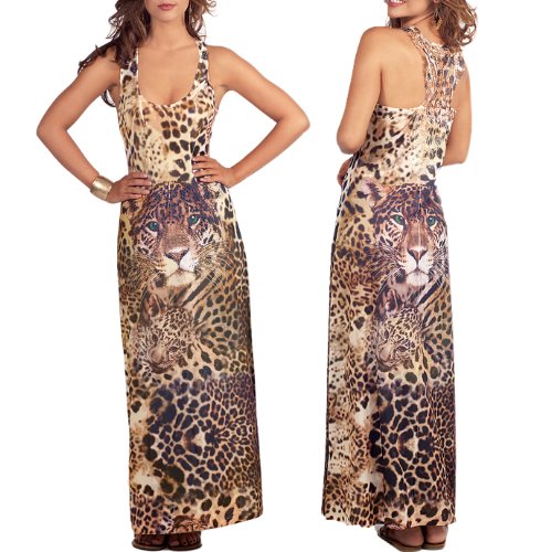 Sleeveless Long Soft Lace Panel Design Animal Print Full Maxi Dress