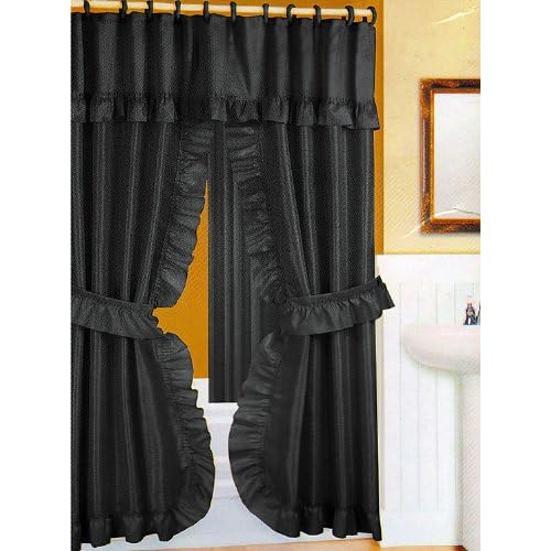 Black Fabric Double Swag Shower Curtain with Matching Fabric Covered Shower Rings/Hooks and