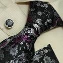 Black pattern tie for men silver purple floral anniversary gifts discount silk tie cuff links hanky set H5042