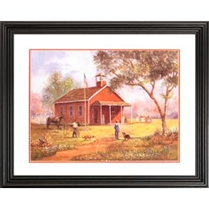 Country School Kids Dog Flower Landscape Picture Black Framed Art Print