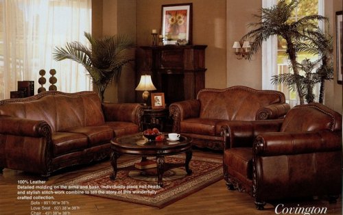 Kitchen: 2 pc brown leather sofa and love seat set with walnut wood trim