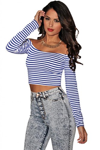 C-Princess 長袖 カットソー トップス ブラウス シャツ ボーダー Tシャツ インナー カジュアル レディース オフ肩へそだし カジュアル服 ブルー