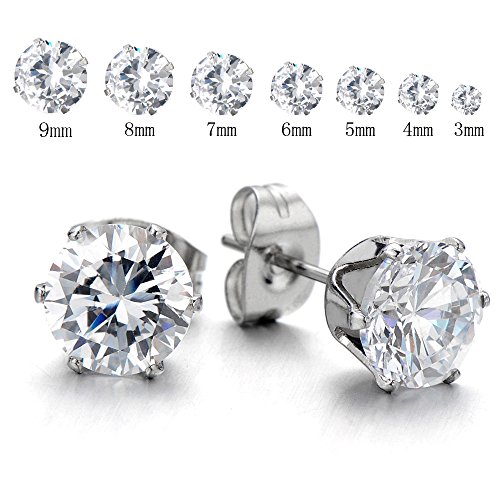 3-9 MM Mens Ladies White Cubic Zirconia Stud Earrings Stainless Steel, 2pcs(5mm)