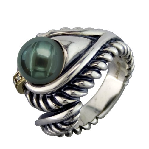 14K Yellow Gold and .925 Sterling Silver 8-9mm Tahitian Black Pearl and Diamond Ring TR-10055A-AM