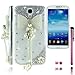 FiMeney Luxury Handmade Silvery Golden Crystal Diamond Rhinestones Bow Bowknot Pearls Pendant White Flower Bling Clear Transparent Back Hard Protective Case Cover Skin For Samsung Galaxy Mega 6.3 I9200 I9205 + Cleaning Cloth + 2013 Calendar Card + Pink Stylus Pen + Butterfly And Flower Dust Plug (Silvery)