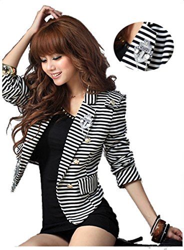 【Grandir】 春物 ボーダー ストライプ ジャケット コサージュ付き レディース 韓国 スーツ ブレザー 7分袖 レース 薄手 テーラード