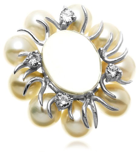 Sterling Silver Freshwater Cultured Pearl, Moonstone and Cubic Zirconia Pin