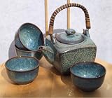 Contemporary Japanese tea set in speckled blue glaze with 4 cups