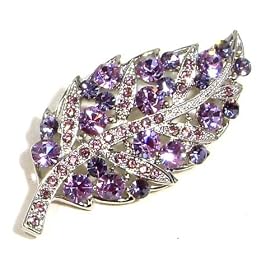 Clear and Purple Amethyst Austrian Rhinestone Leaf Silver Plated Brooch Pin