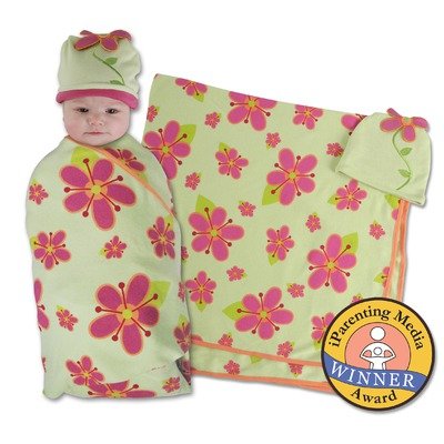 Sozo Baby-girls Newborn Posies Swaddle Blanket and Cap Set, Green/Pink, One Size photo