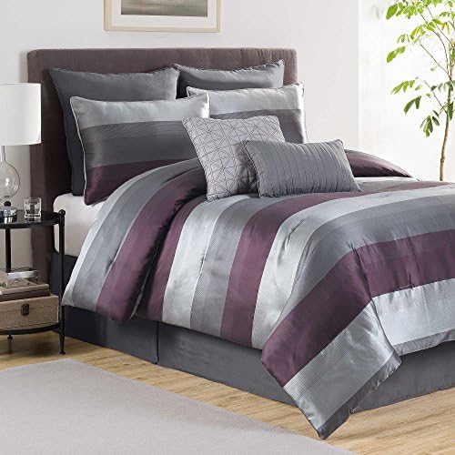 Hudson Elegant Luxury Striped Quilted Patchwork Jacquard Purple/Grey Bedding 8 Piece Bed in a Bag Comforter Set, KING