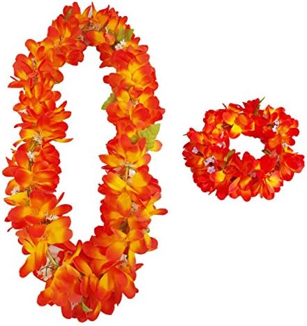 Silk Double Plumeria Lei and Haku Headband Bundle - 2 Items (Sunset Blend Orange)