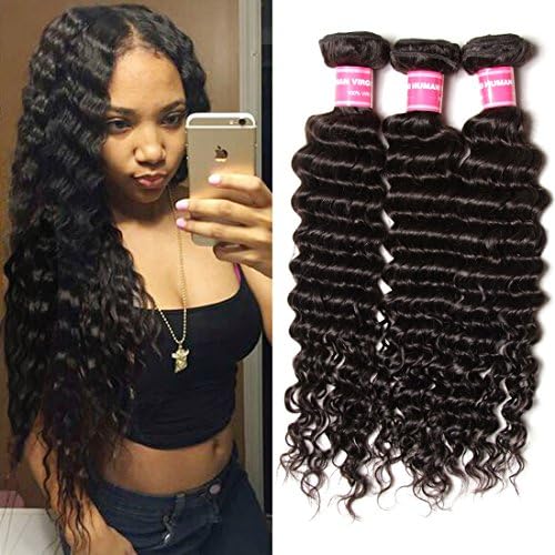 IROO Hair 3 Bundles of Brazilian Virgin Hair Deep Wave Hair Extensions Natural Color Can Be Dyed and Bleached 6a Grade Unprocessed Hair Bundle Human Hair Weave (14 16 18, Natural color)