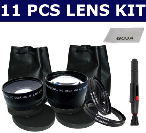 11 Pcs Kit for NIKON D3000 D5000 18-55MM PENTAX K-x 18-55MM SONY 18-55MM f/3.5-5.6(with the Ring) CANON Rebel T1i XT XS XSi XTi 18-55MM , Includes: 58MM 2.5x HD Telephoto lens + 0.45x Wide Angle lens + Lens Cleaning Pen + 1 Ultra Fine Microfiber Cleaning Cloth GOJA Logo and More!