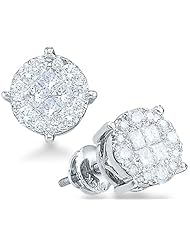14k White Gold Princess and Round Cut Invisible Channel Set Diamond Stud Earrings - 6mm Height * 6mm Width (.28 cttw)