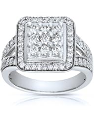 1 Carat Round Cluster Diamond Frame Ring with 14k White Gold Split Shank Setting