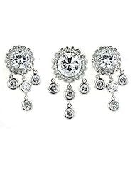 Sterling Silver Round 4 Clear Round Cubic Zirconia Center Earrings and Pendant Set 16 inches Chain