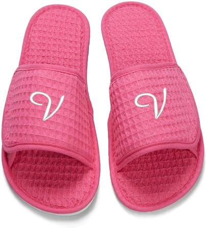 Embroidered Waffle Weave Spa Slippers - Large, White, Initial