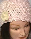 Hand Crocheted Pink 100% Rayon Chenille and Gimp Skull Cap for Women and Teens Trimmed with Ivory Velvet Flower