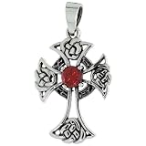 Sterling Silver Celtic Cross Pendant w/ Single Red CZ, w/ 18" Thin Box Chain