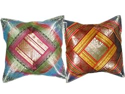 2 Sky Blue Maroon Sari Zari Borders Toss Pillow Cushion Covers 16"
