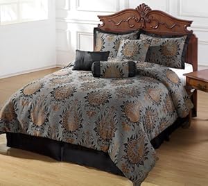 Chezmoi Collection 7 Pieces Charcoal Black And Brown Jacquard Floral Comforter Set Bed-in-a-bag For Queen Size Bedding