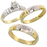 Sterling Silver (Gold Plated) 3-Piece Trio His (5.5mm) & Hers (4mm) Diamond Wedding Band Set, w/ 0.10 Carat Brilliant Cut Diamonds; (Ladies Size 5 to10; Men's Size 8 to 14)
