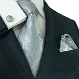 Landisun 161 Dark Gray Paisleys Mens Silk Tie Set: Tie+Hanky+Cufflinks Exclusive