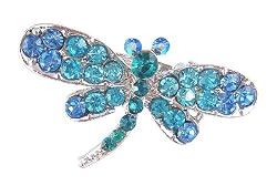 Hair Clip - H11 - Crystal Dragonfly - Med Size (1-5/8"x 1") - Alligator Clip Style ~ Aqua and Blue Zircon on Silvertone Metal